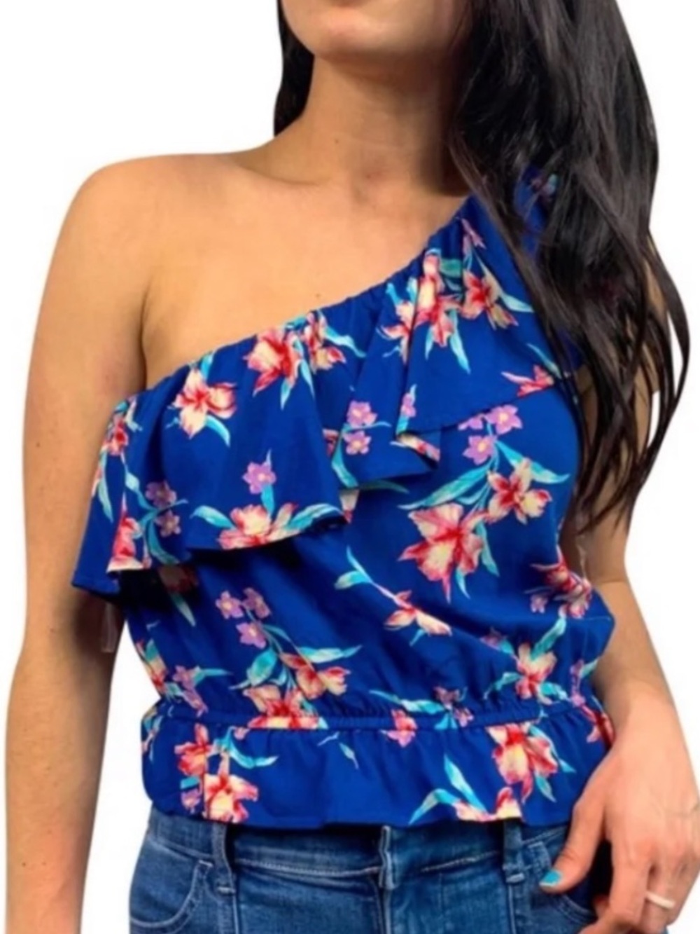 American Eagle One Shoulder Blue Floral Ruffle Top